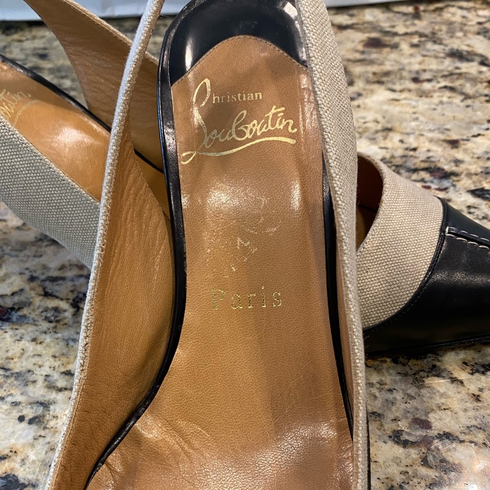 Christian Louboutin Tan and Black Slingback Heels, 37.5 Sophisticated!!! - Picture 7 of 13